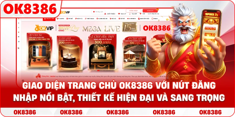 Giao diện trang chủ OK8386 với nút Đăng Nhập nổi bật, thiết kế hiện đại và sang trọng
