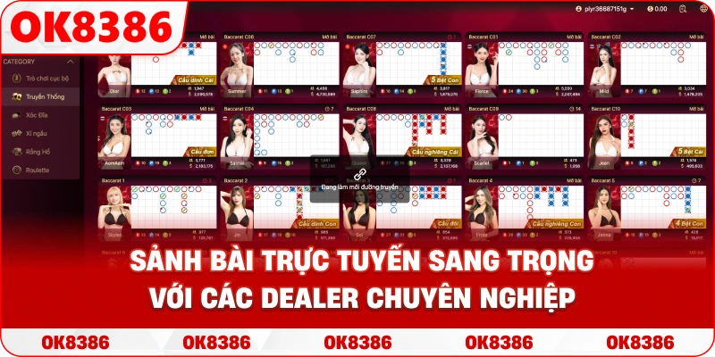 Hình ảnh sảnh bài trực tuyến sang trọng với các Dealer chuyên nghiệp đang chia bài
